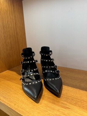 Saint Laurent Black Studded Pointed Toe Strappy Women's Flats